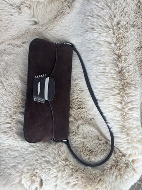 Mango Dark Brown Suede Shoulder Bag with Silver Hardware